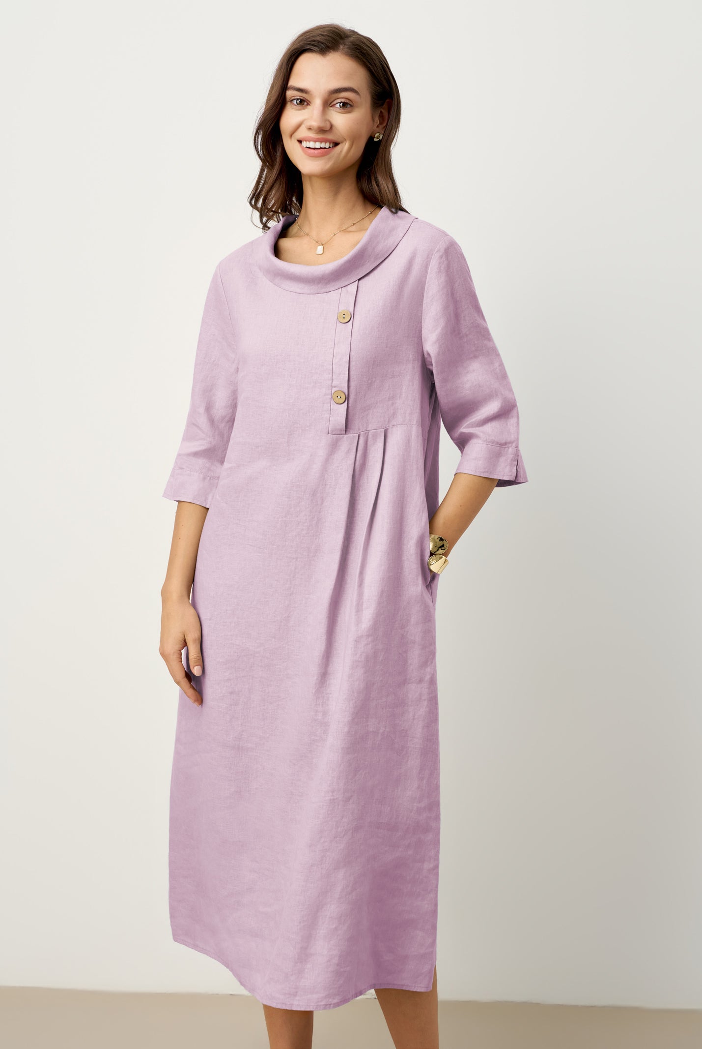 100% Linen Rolled Collar Asymmetric Button Midi Dress ELARAINE by LINTICO for women