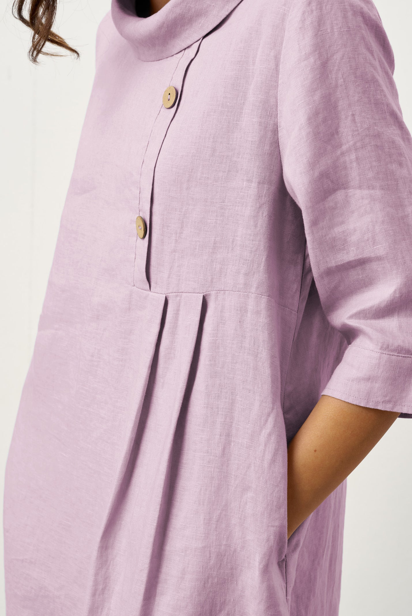 100% Linen Rolled Collar Asymmetric Button Midi Dress ELARAINE by LINTICO for women