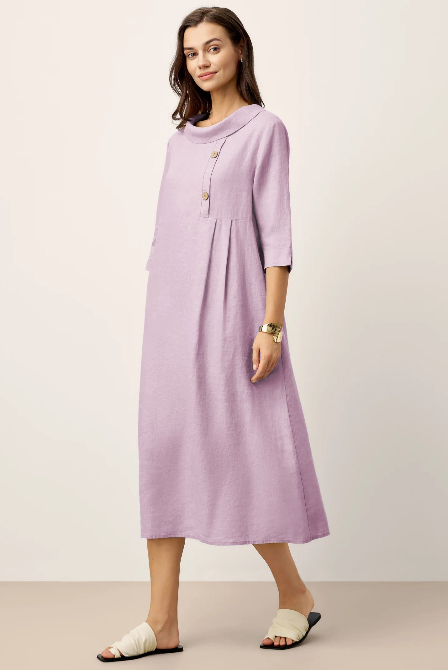100% Linen Rolled Collar Asymmetric Button Midi Dress ELARAINE by LINTICO for women