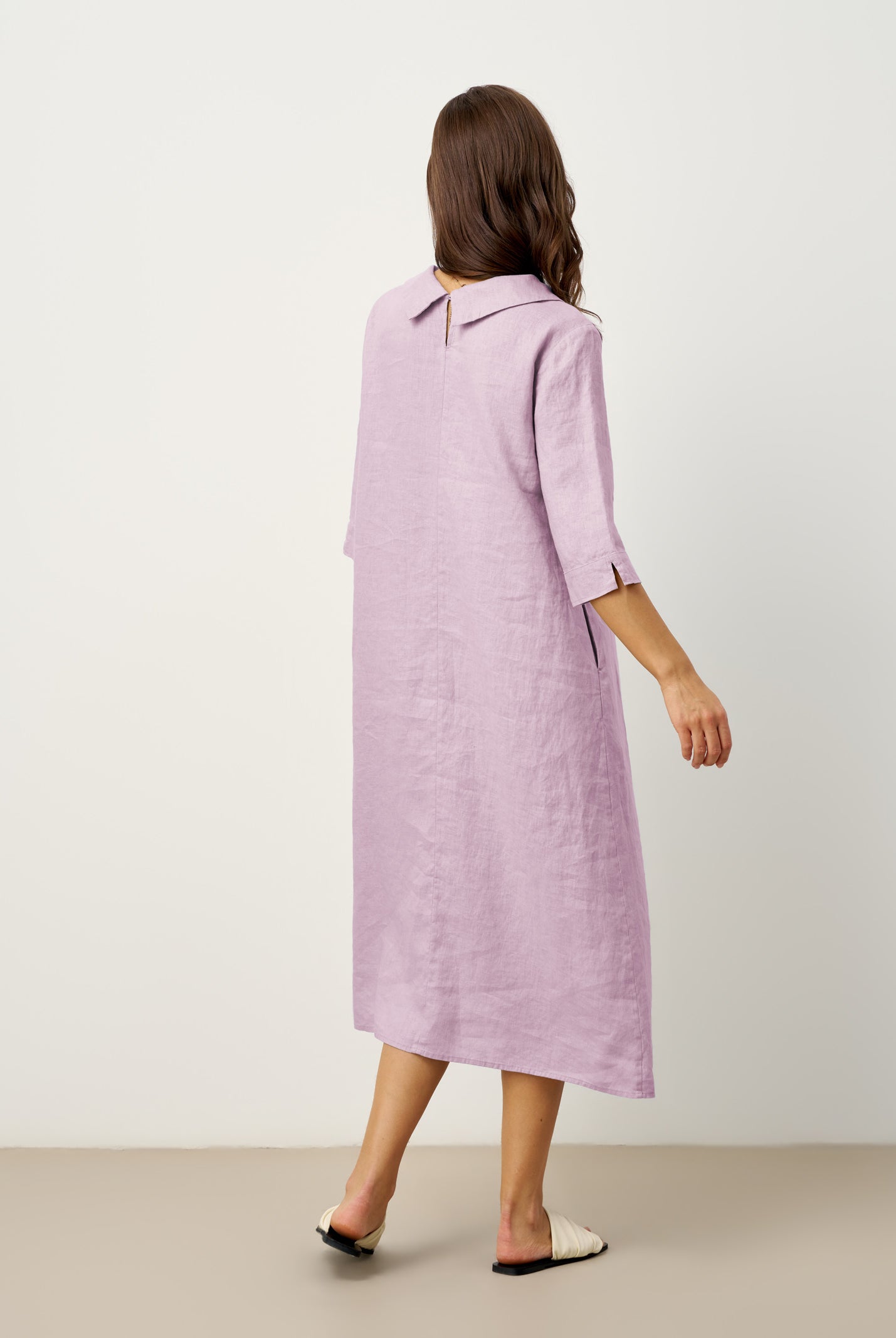 100% Linen Rolled Collar Asymmetric Button Midi Dress ELARAINE by LINTICO for women