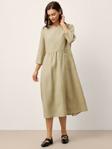 100% Linen Shirred Waistline Patch Pocket Midi Dress MARCELLA by LINTICO for women