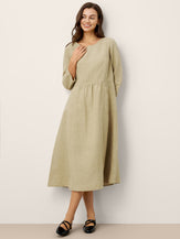 100% Linen Shirred Waistline Patch Pocket Midi Dress MARCELLA by LINTICO for women