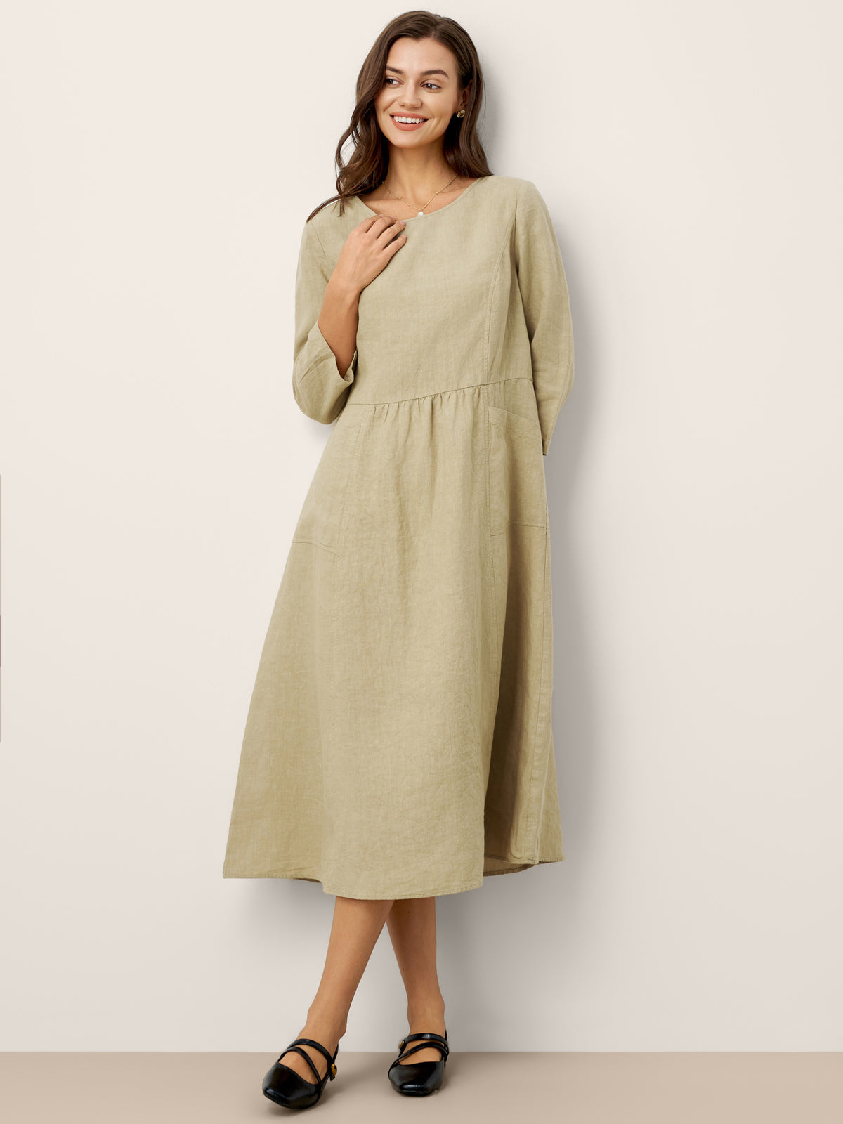100% Linen Shirred Waistline Patch Pocket Midi Dress MARCELLA by LINTICO for women