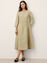100% Linen Shirred Waistline Patch Pocket Midi Dress MARCELLA by LINTICO for women
