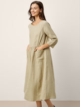 100% Linen Shirred Waistline Patch Pocket Midi Dress MARCELLA by LINTICO for women