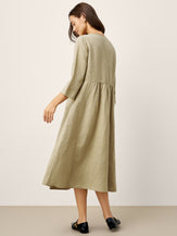 100% Linen Shirred Waistline Patch Pocket Midi Dress MARCELLA by LINTICO for women