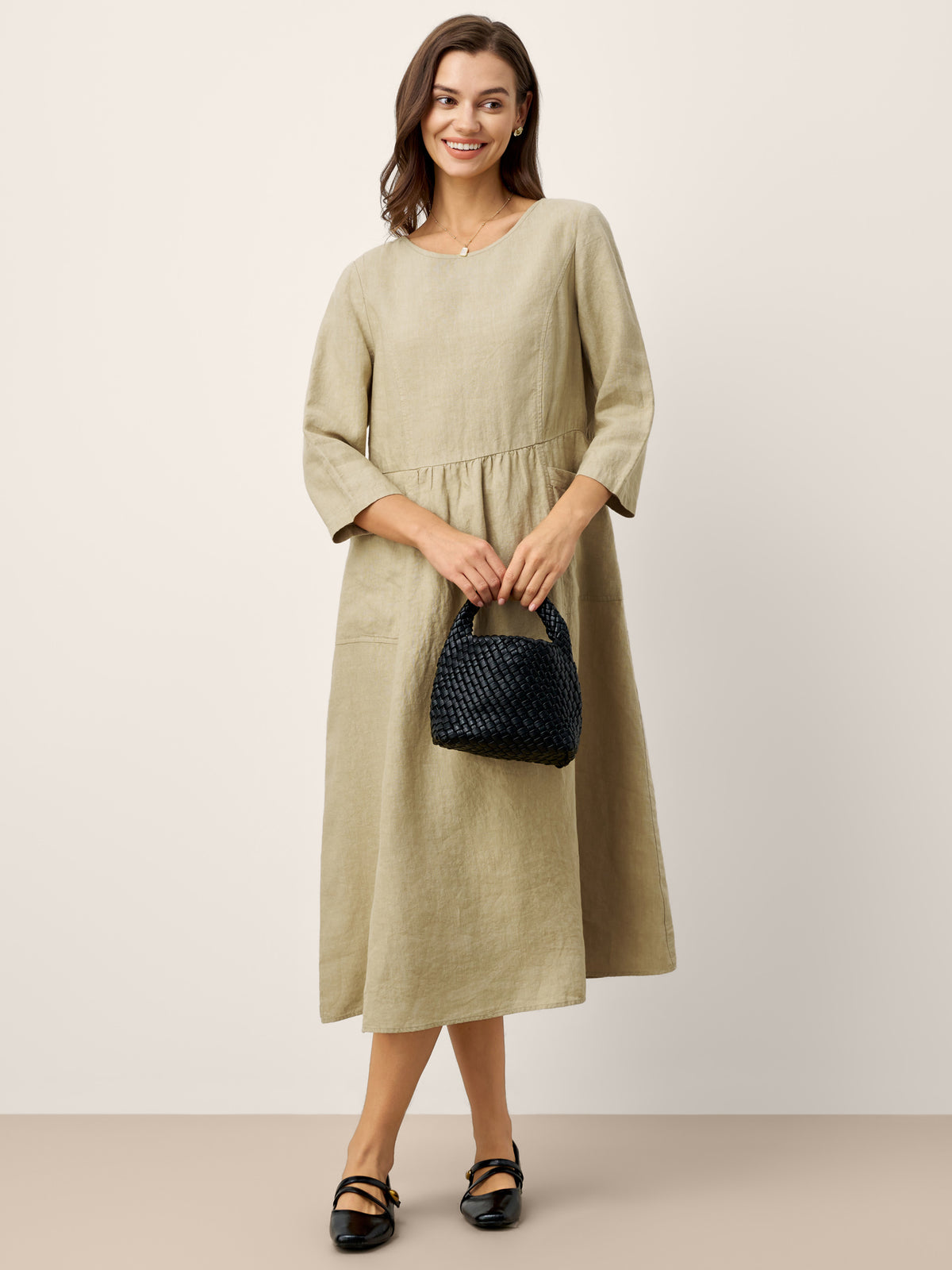 100% Linen Shirred Waistline Patch Pocket Midi Dress MARCELLA by LINTICO for women