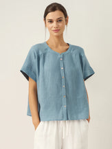 100% Linen Short Sleeve Crew Neck Shirt FINA by LINTICO for women