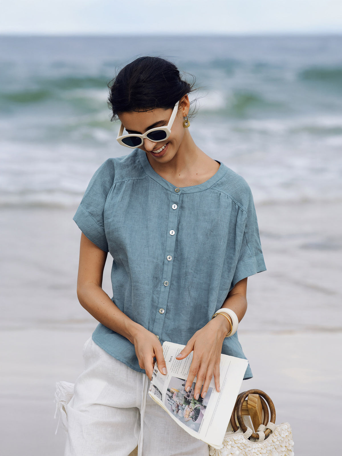100% Linen Short Sleeve Crew Neck Shirt FINA by LINTICO for women