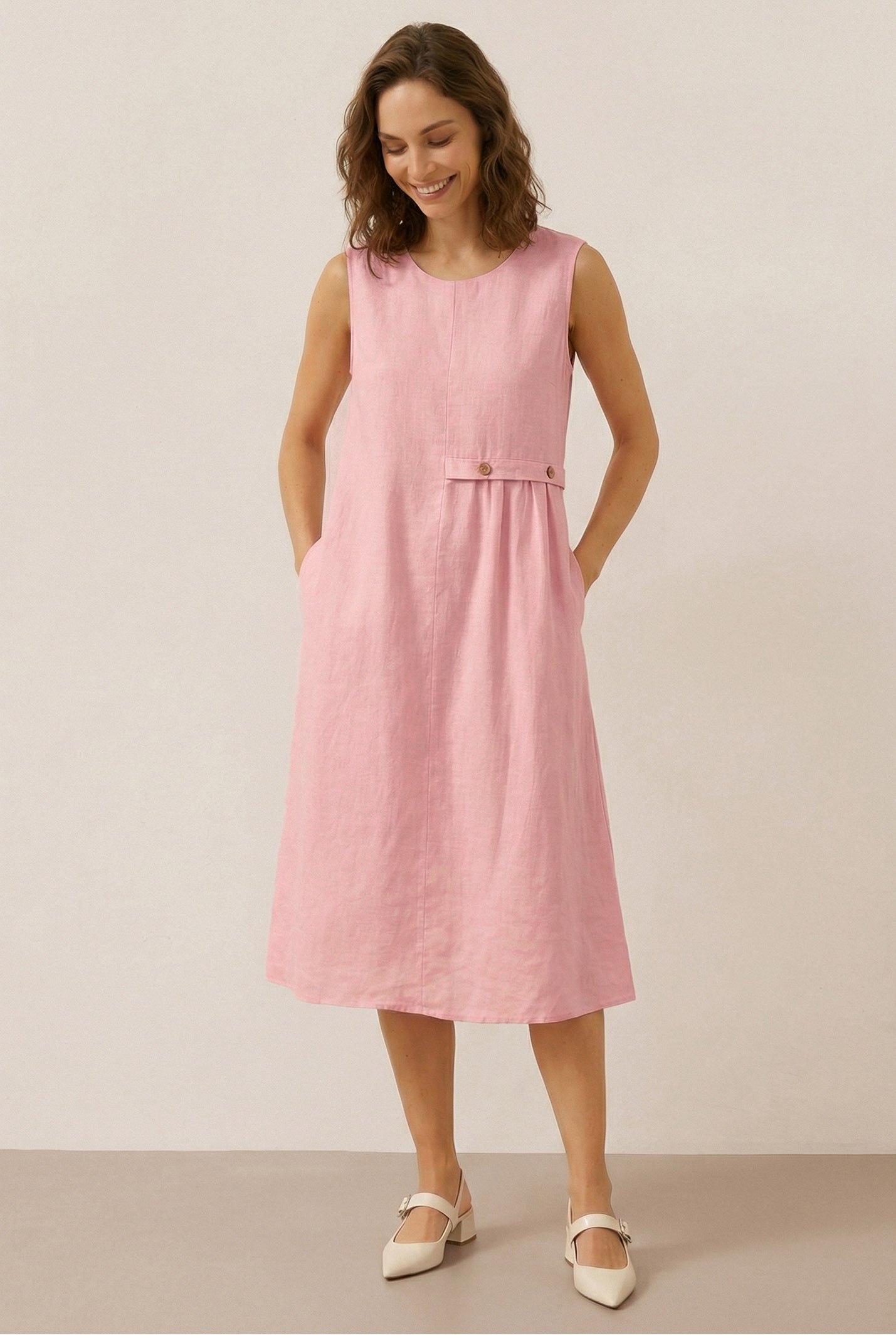 100% Linen Sleeveless Accordion Pleat Midi Dress TINA by LINTICO for women