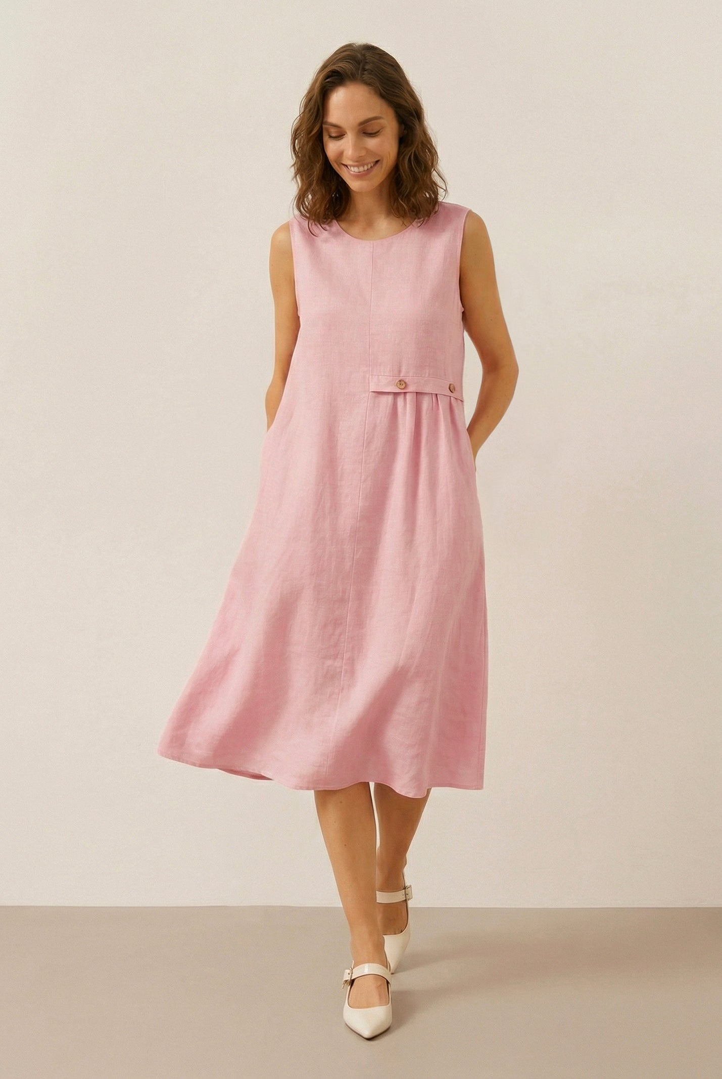 100% Linen Sleeveless Accordion Pleat Midi Dress TINA by LINTICO for women