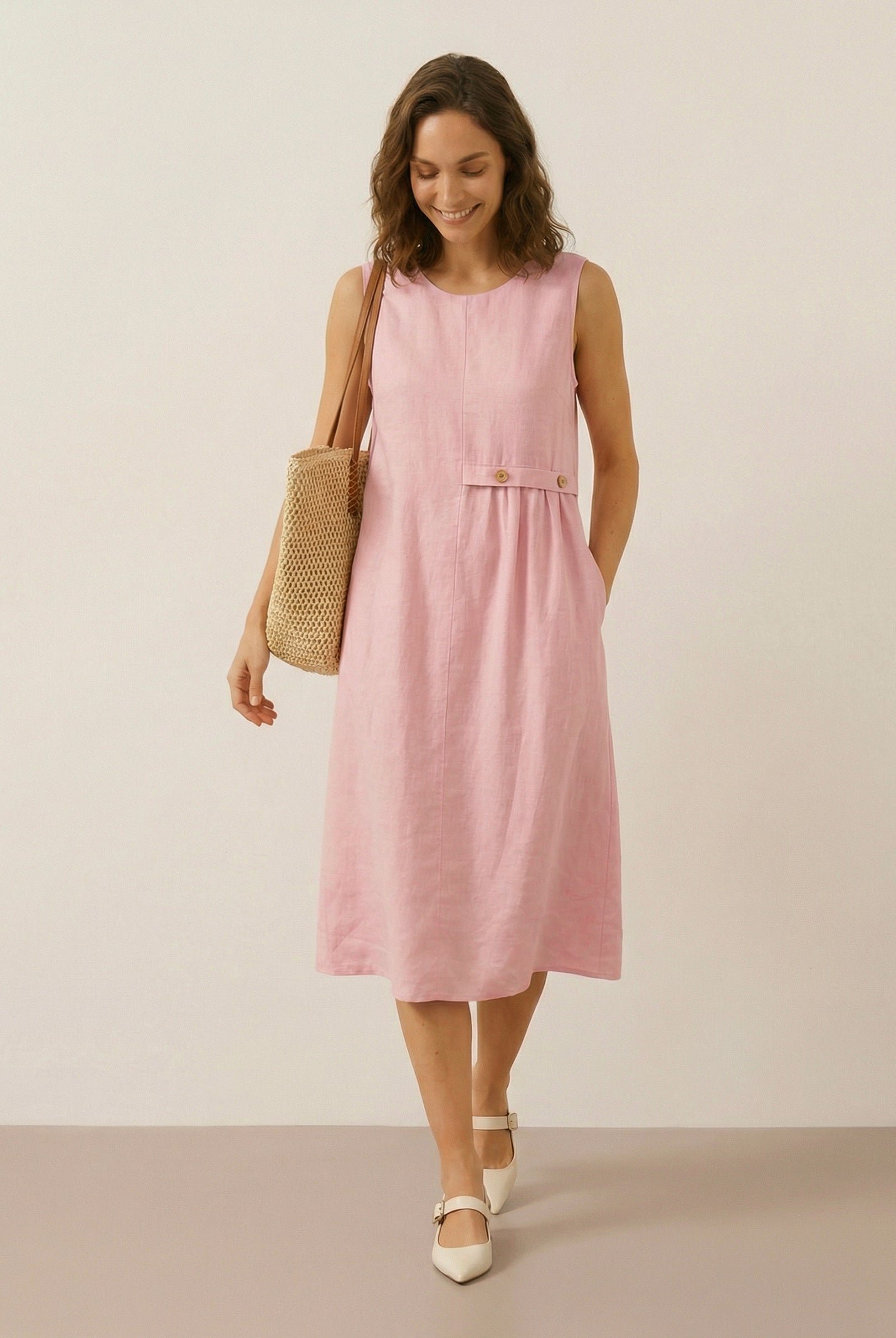 100% Linen Sleeveless Accordion Pleat Midi Dress TINA by LINTICO for women