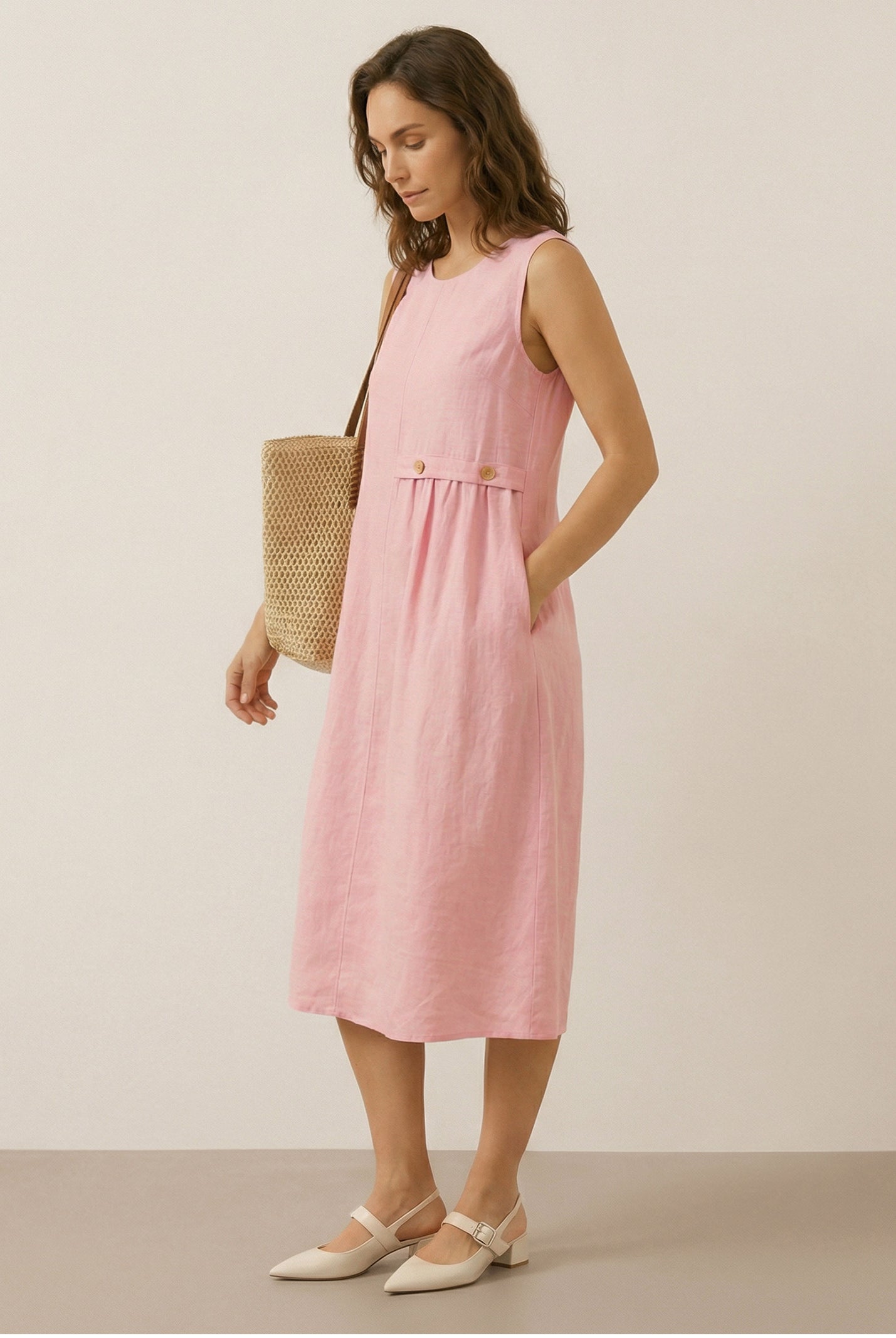 100% Linen Sleeveless Accordion Pleat Midi Dress TINA by LINTICO for women
