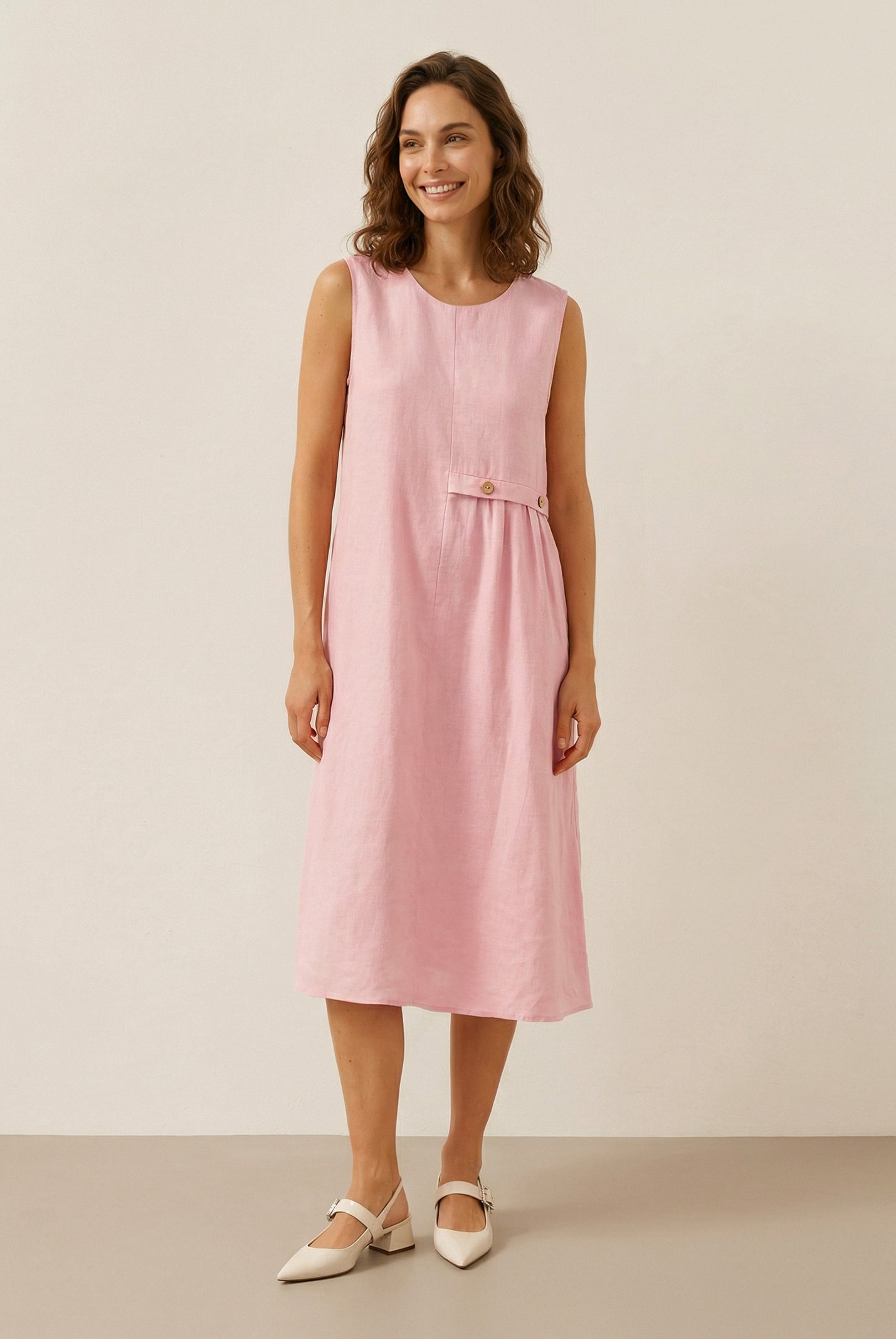 100% Linen Sleeveless Accordion Pleat Midi Dress TINA by LINTICO for women