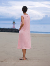 100% Linen Sleeveless Accordion Pleat Midi Dress TINA by LINTICO for women