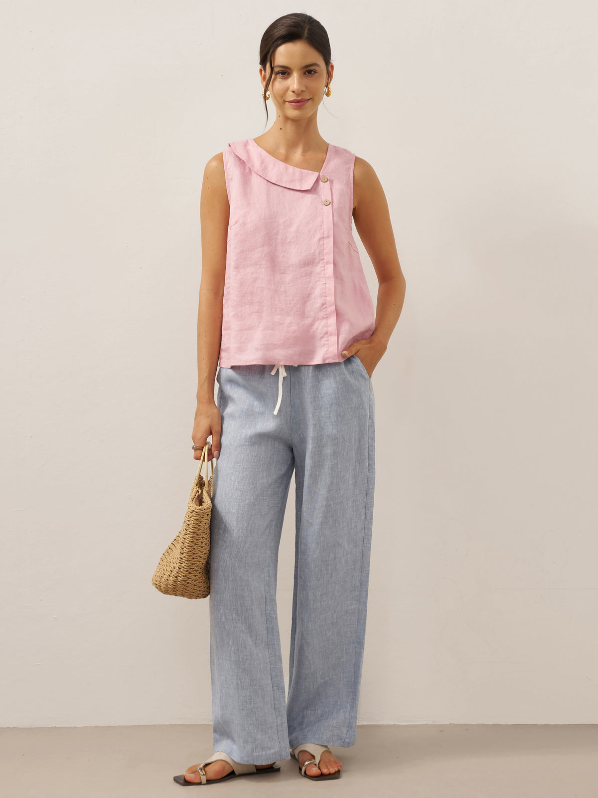 100% Linen Sleeveless Crescent Collar Top KARA by LINTICO for women