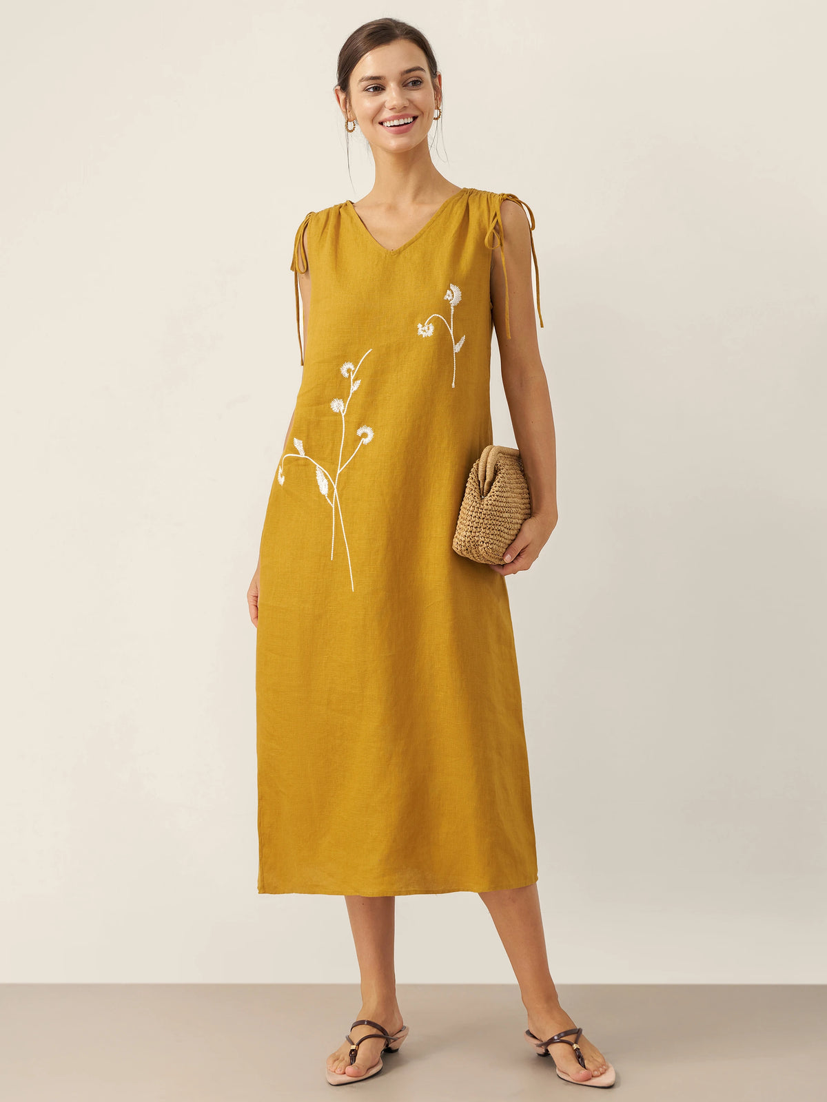 100% Linen Smocked Shoulder Embroidered Maxi Dress BELINE by LINTICO for women