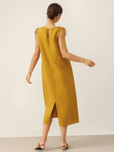 100% Linen Smocked Shoulder Embroidered Maxi Dress BELINE by LINTICO for women