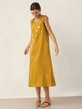 100% Linen Smocked Shoulder Embroidered Maxi Dress BELINE by LINTICO for women