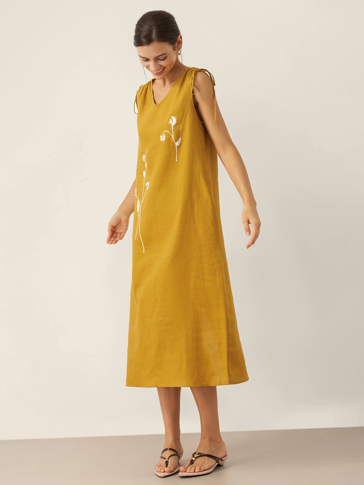 100% Linen Smocked Shoulder Embroidered Maxi Dress BELINE by LINTICO for women
