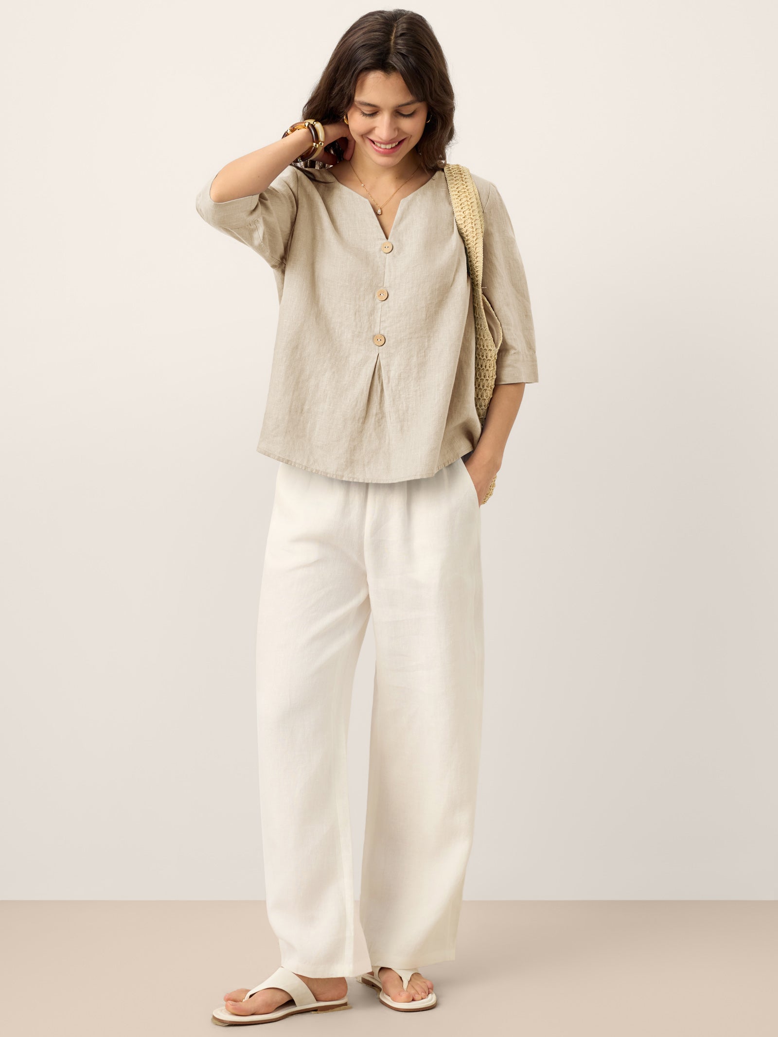 100% Linen Split Neck Inverted Pleat Top TABITHA by LINTICO for women