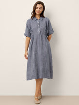 100% Linen Striped Buttoned Front Short Sleeve Midi Shirt Dress CASSANDRA by LINTICO for women