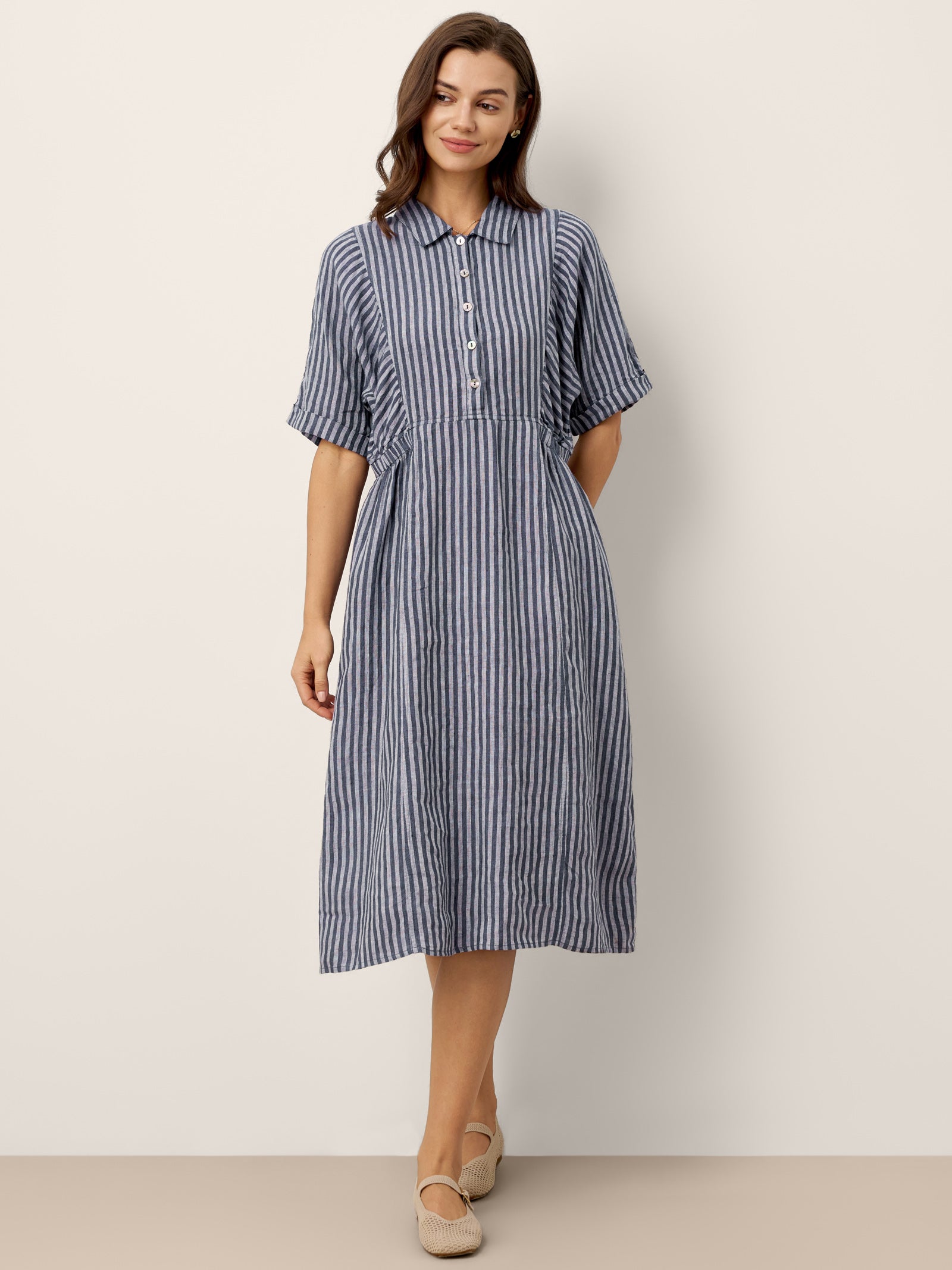 100% Linen Striped Buttoned Front Short Sleeve Midi Shirt Dress CASSANDRA by LINTICO for women