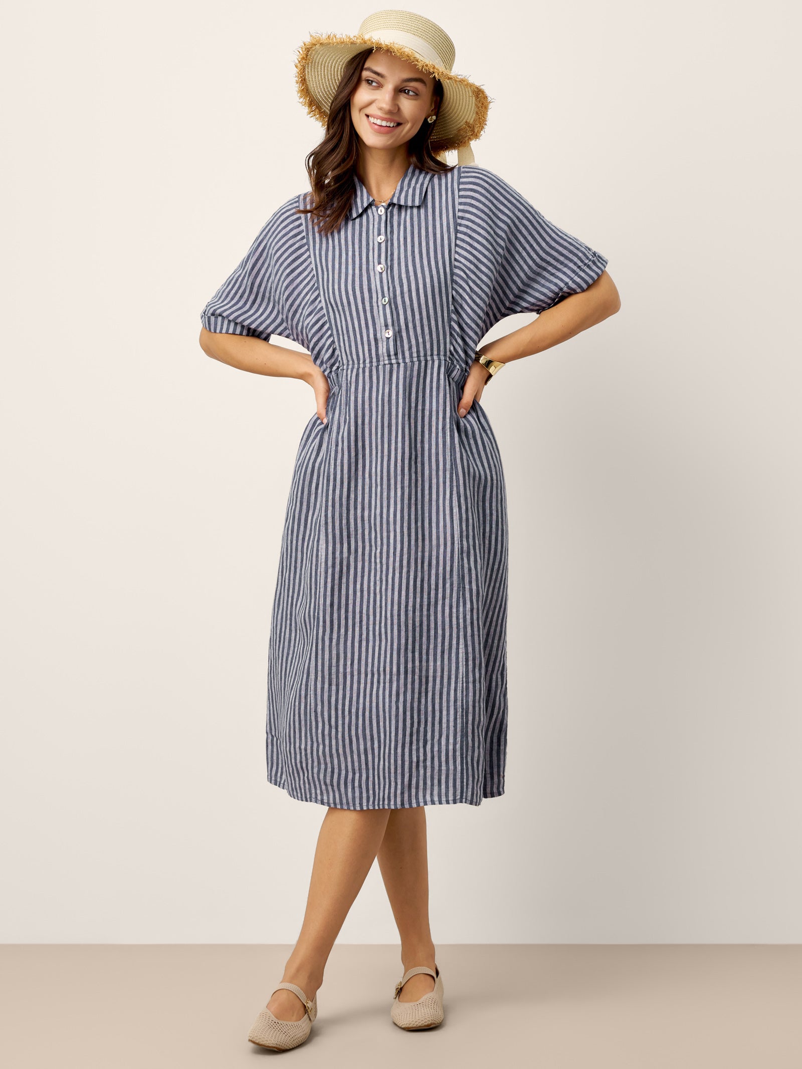 100% Linen Striped Buttoned Front Short Sleeve Midi Shirt Dress CASSANDRA by LINTICO for women