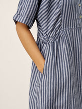 100% Linen Striped Buttoned Front Short Sleeve Midi Shirt Dress CASSANDRA by LINTICO for women