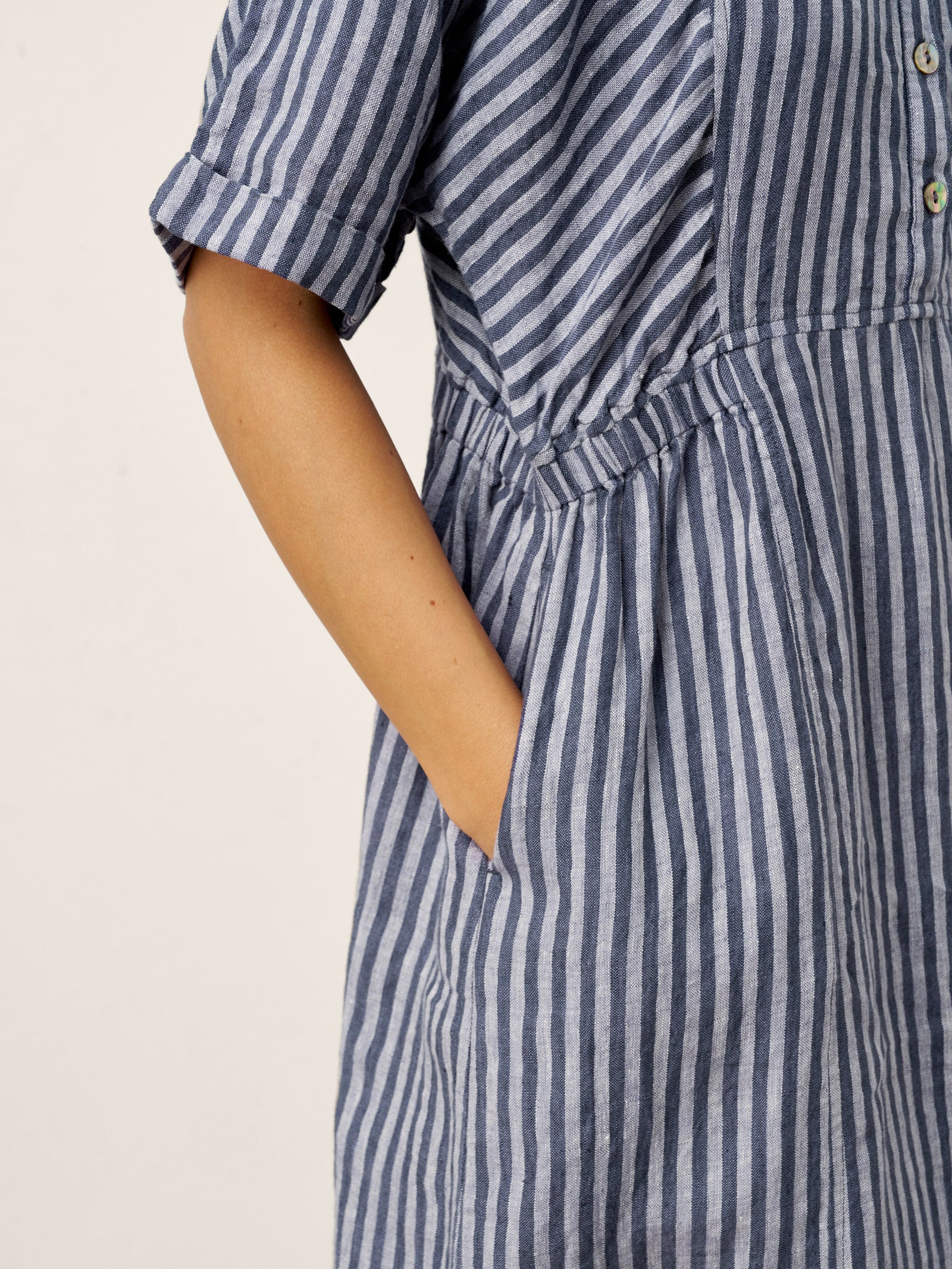 100% Linen Striped Buttoned Front Short Sleeve Midi Shirt Dress CASSANDRA by LINTICO for women