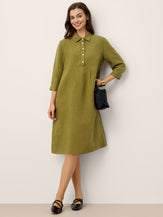 100% Linen Tailored Lapel 3/4 Sleeve Midi Shirt Dress MERCEDES by LINTICO for women