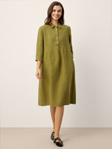 100% Linen Tailored Lapel 3/4 Sleeve Midi Shirt Dress MERCEDES by LINTICO for women