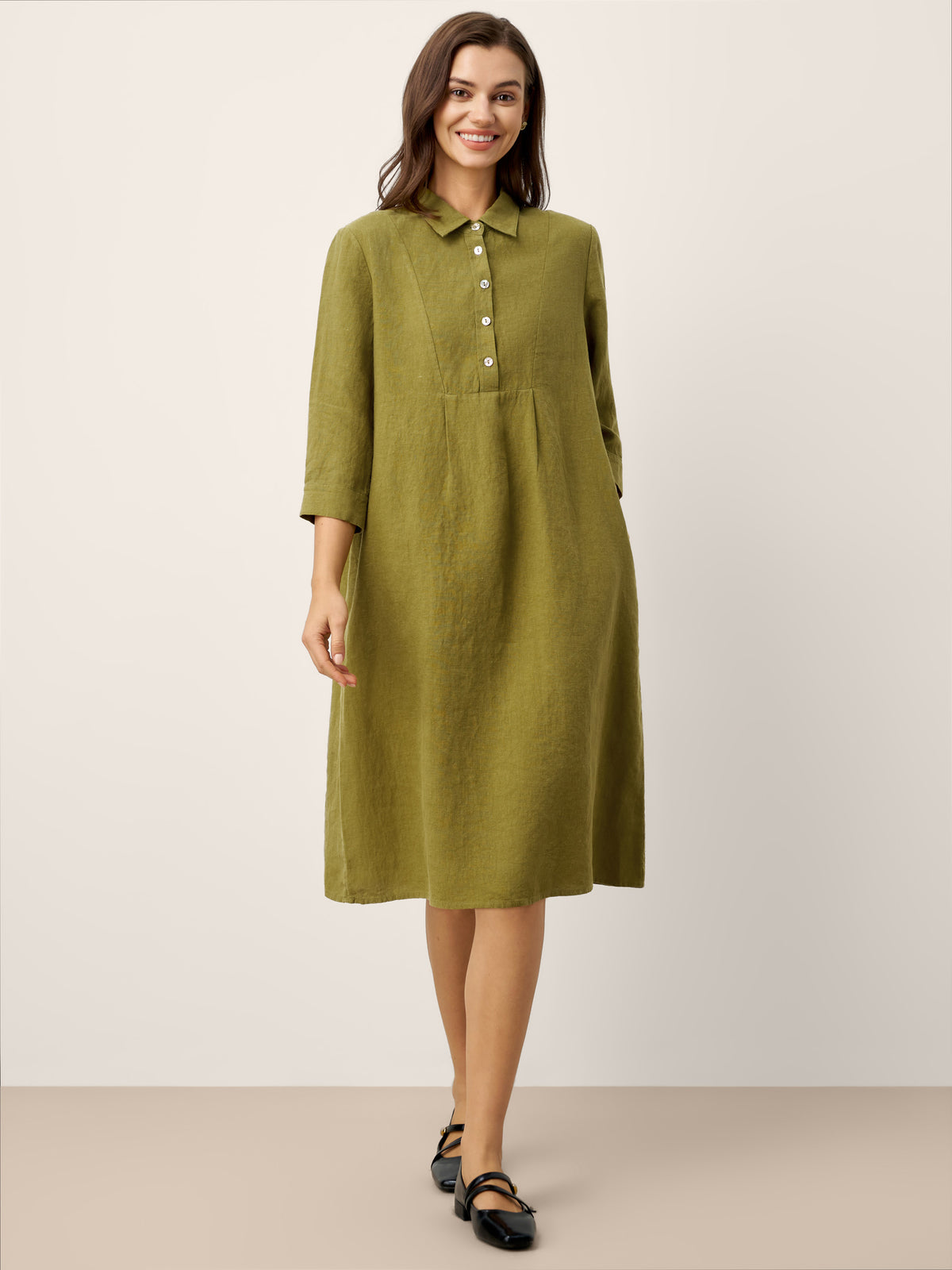 100% Linen Tailored Lapel 3/4 Sleeve Midi Shirt Dress MERCEDES by LINTICO for women