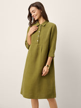 100% Linen Tailored Lapel 3/4 Sleeve Midi Shirt Dress MERCEDES by LINTICO for women