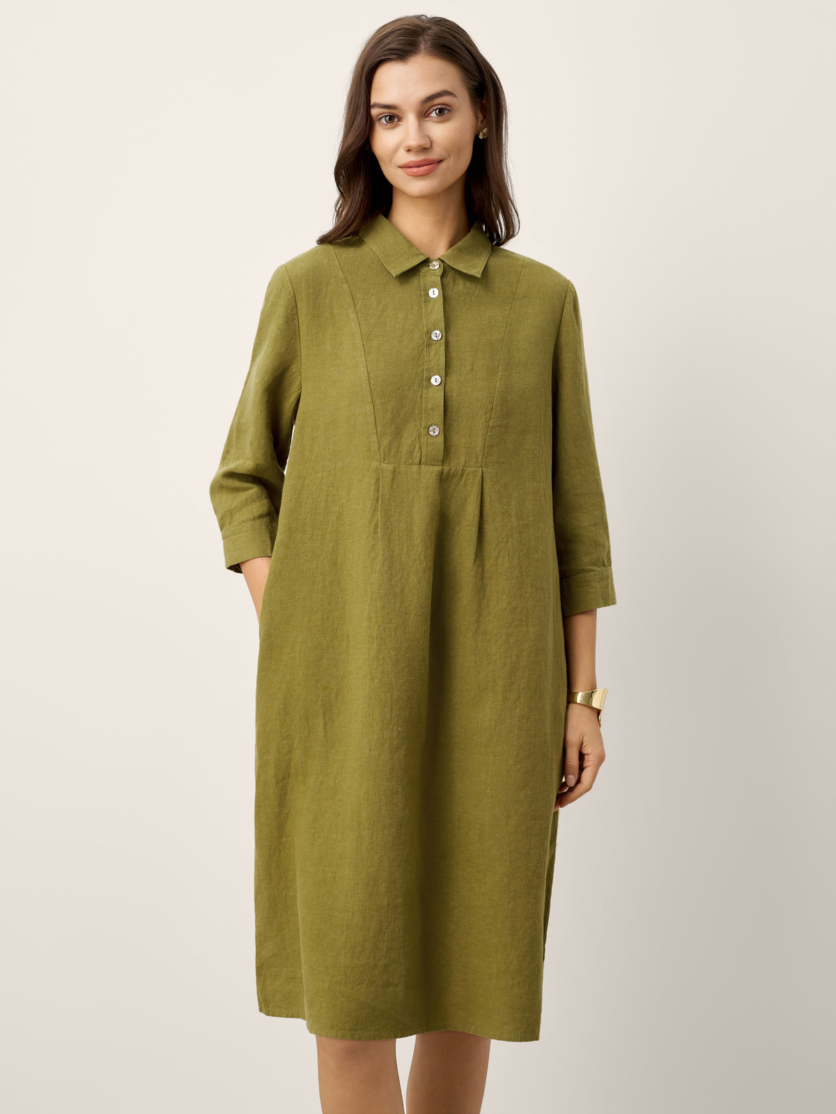 100% Linen Tailored Lapel 3/4 Sleeve Midi Shirt Dress MERCEDES by LINTICO for women