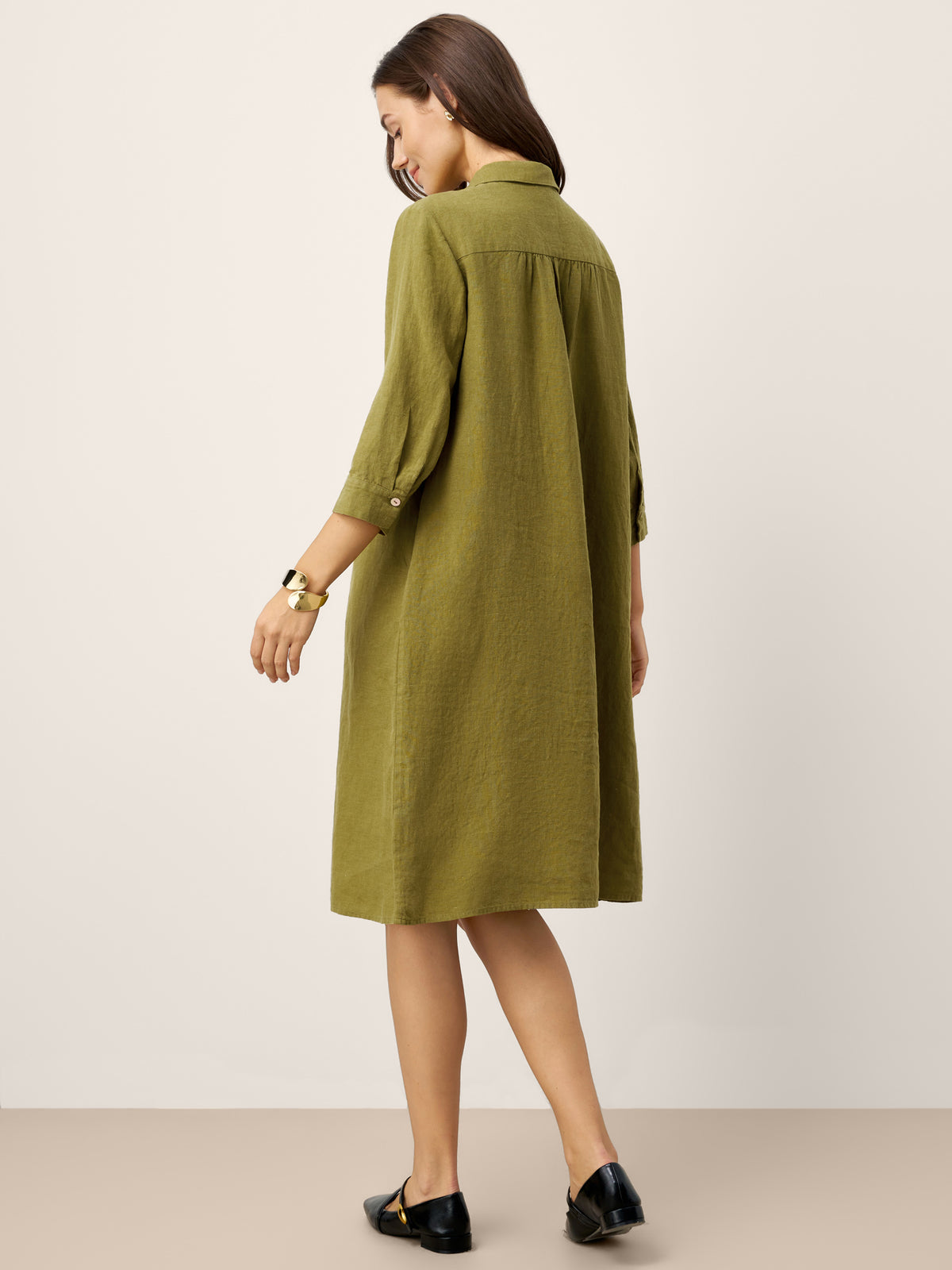 100% Linen Tailored Lapel 3/4 Sleeve Midi Shirt Dress MERCEDES by LINTICO for women