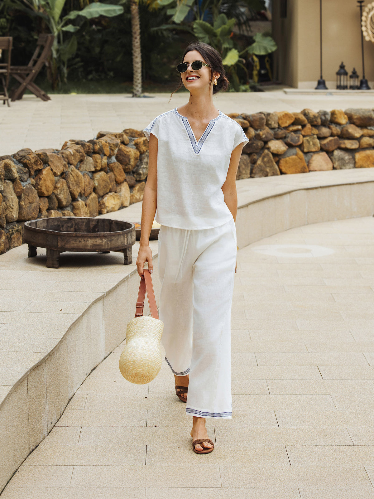 100% Linen Embroidered Elastic Waist Pants FENE by LINTICO for women