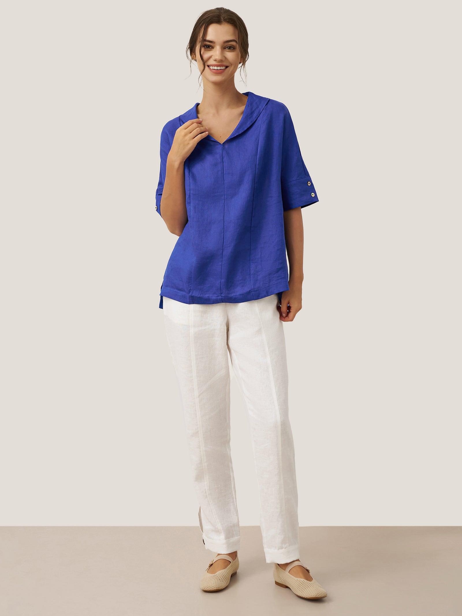 100% Linen V-Neck Short Sleeve Shirt SIERRA by LINTICO for women