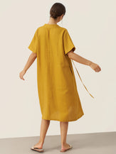 100% Linen V-Neck Tie-Waist Midi Dress BONNIE by LINTICO for women
