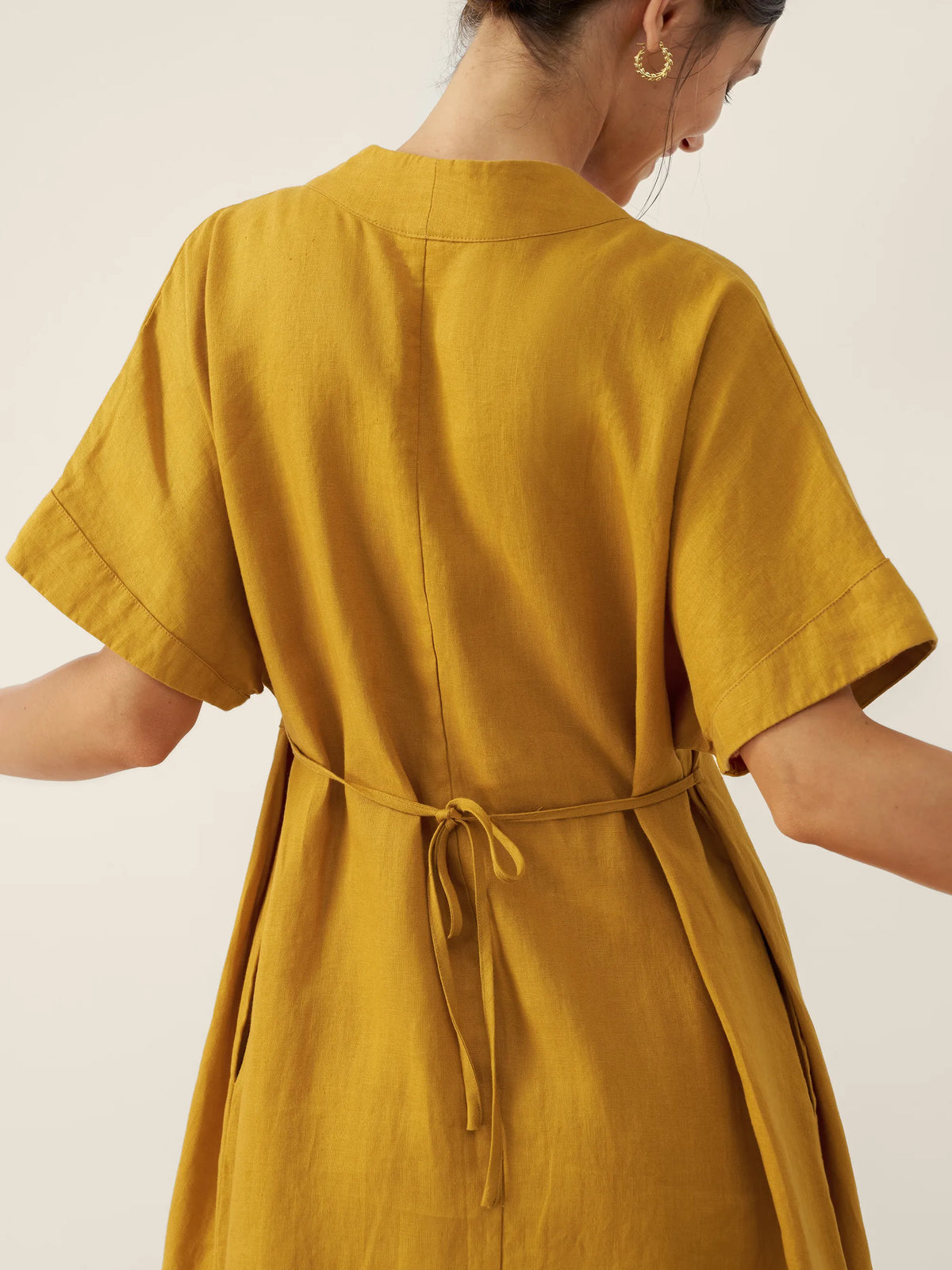 100% Linen V-Neck Tie-Waist Midi Dress BONNIE by LINTICO for women