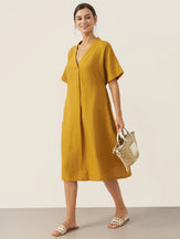 100% Linen V-Neck Tie-Waist Midi Dress BONNIE by LINTICO for women