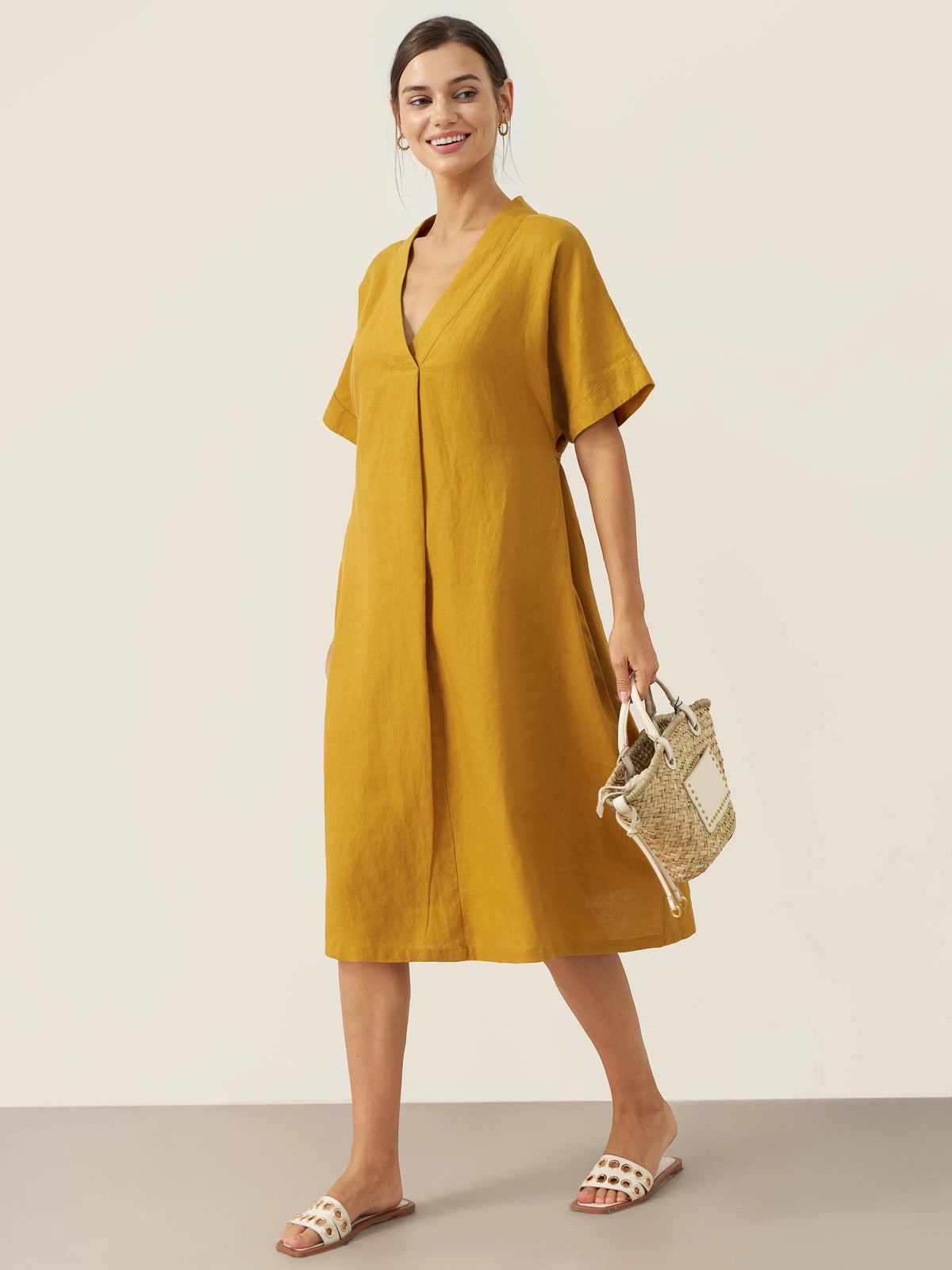 100% Linen V-Neck Tie-Waist Midi Dress BONNIE by LINTICO for women