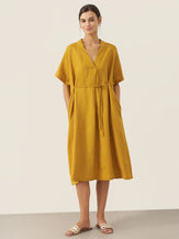100% Linen V-Neck Tie-Waist Midi Dress BONNIE by LINTICO for women