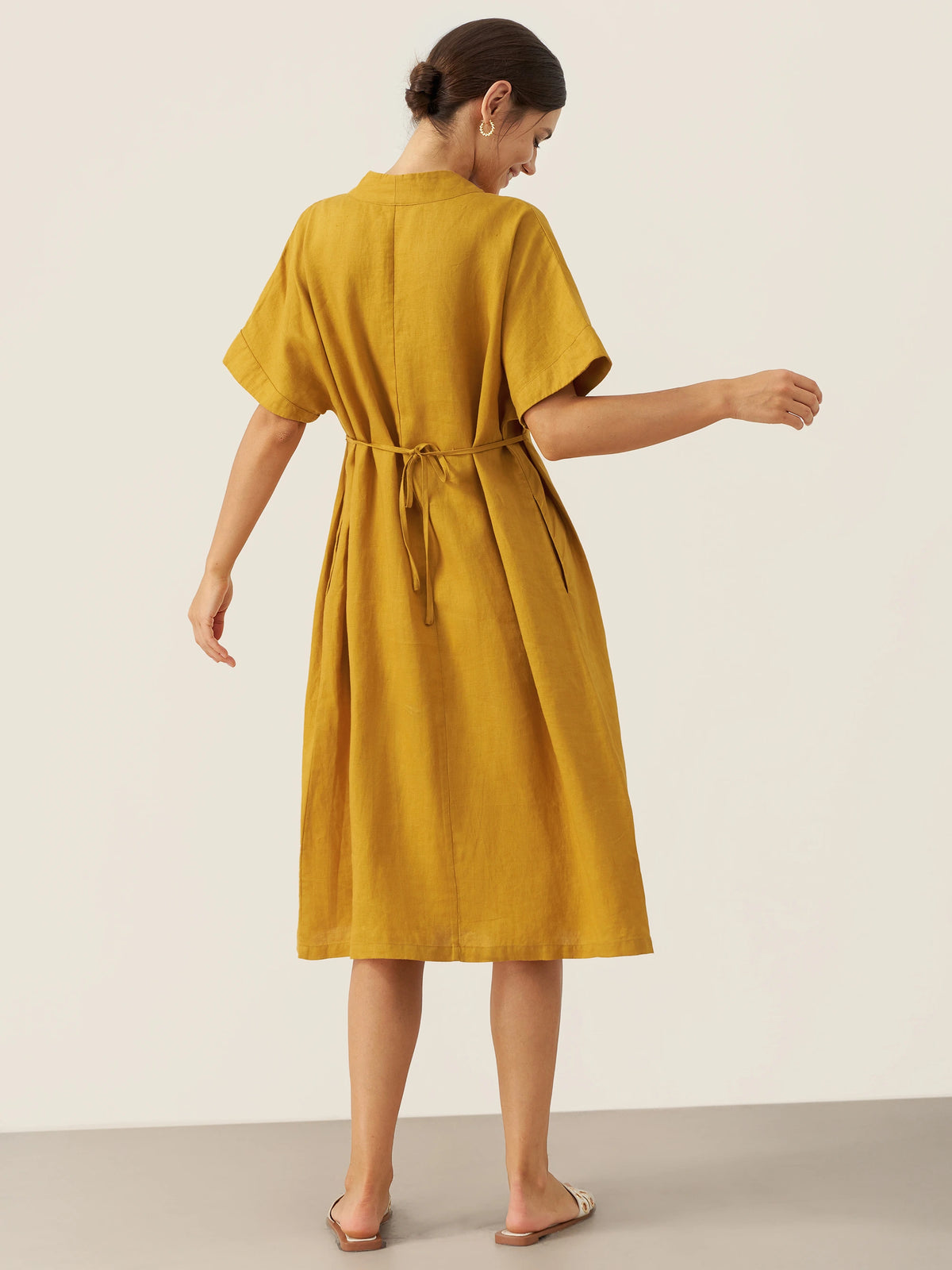 100% Linen V-Neck Tie-Waist Midi Dress BONNIE by LINTICO for women