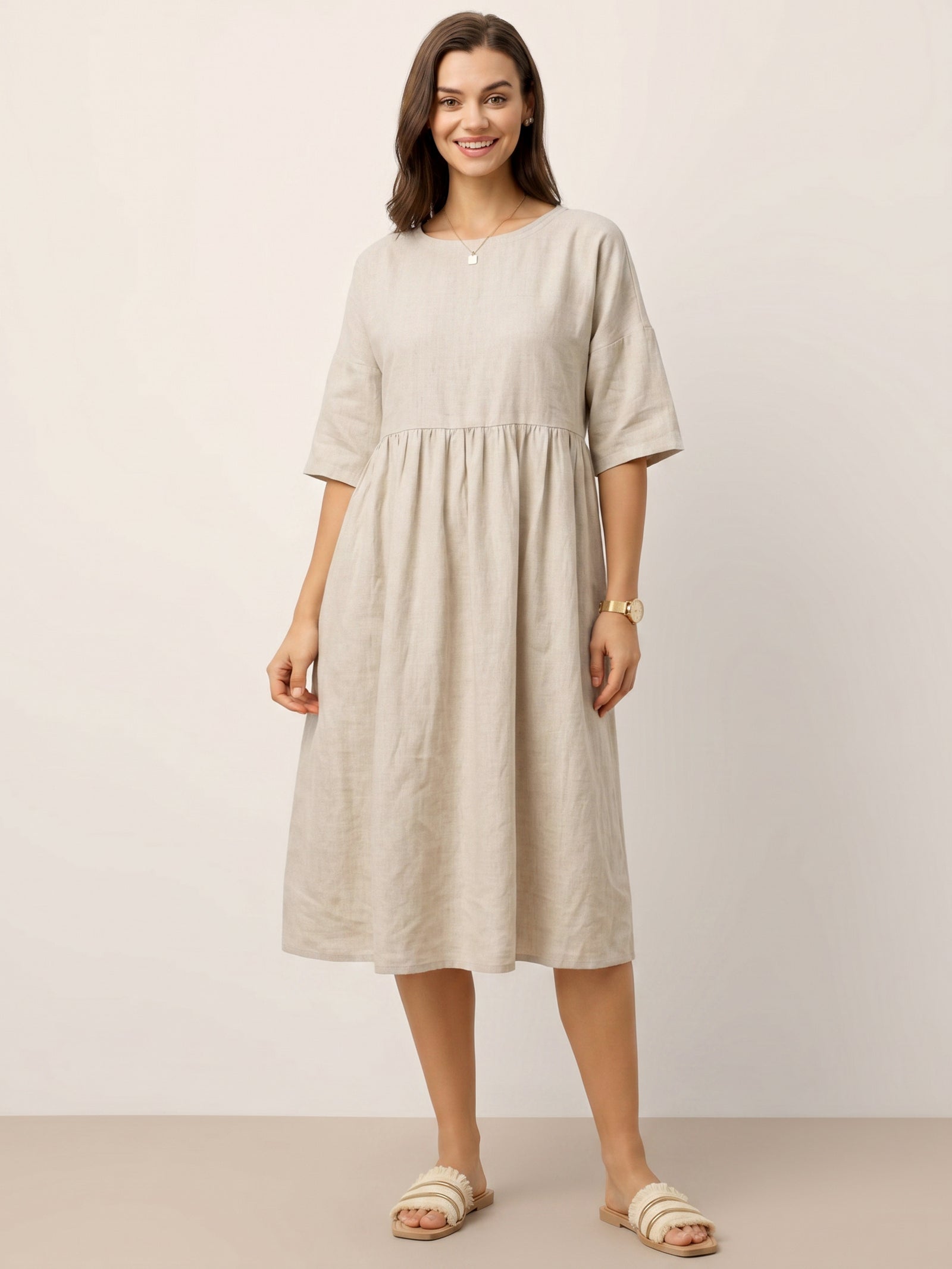 100% Linen A-Line Midi Dress VALENCIA by LINTICO for women