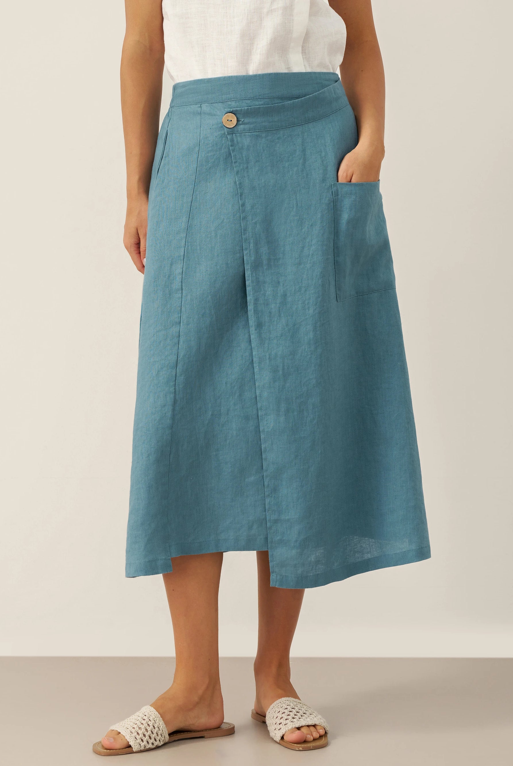 100% Linen Elastic Waist Angled Wrap Skirt FRESSA by LINTICO for women