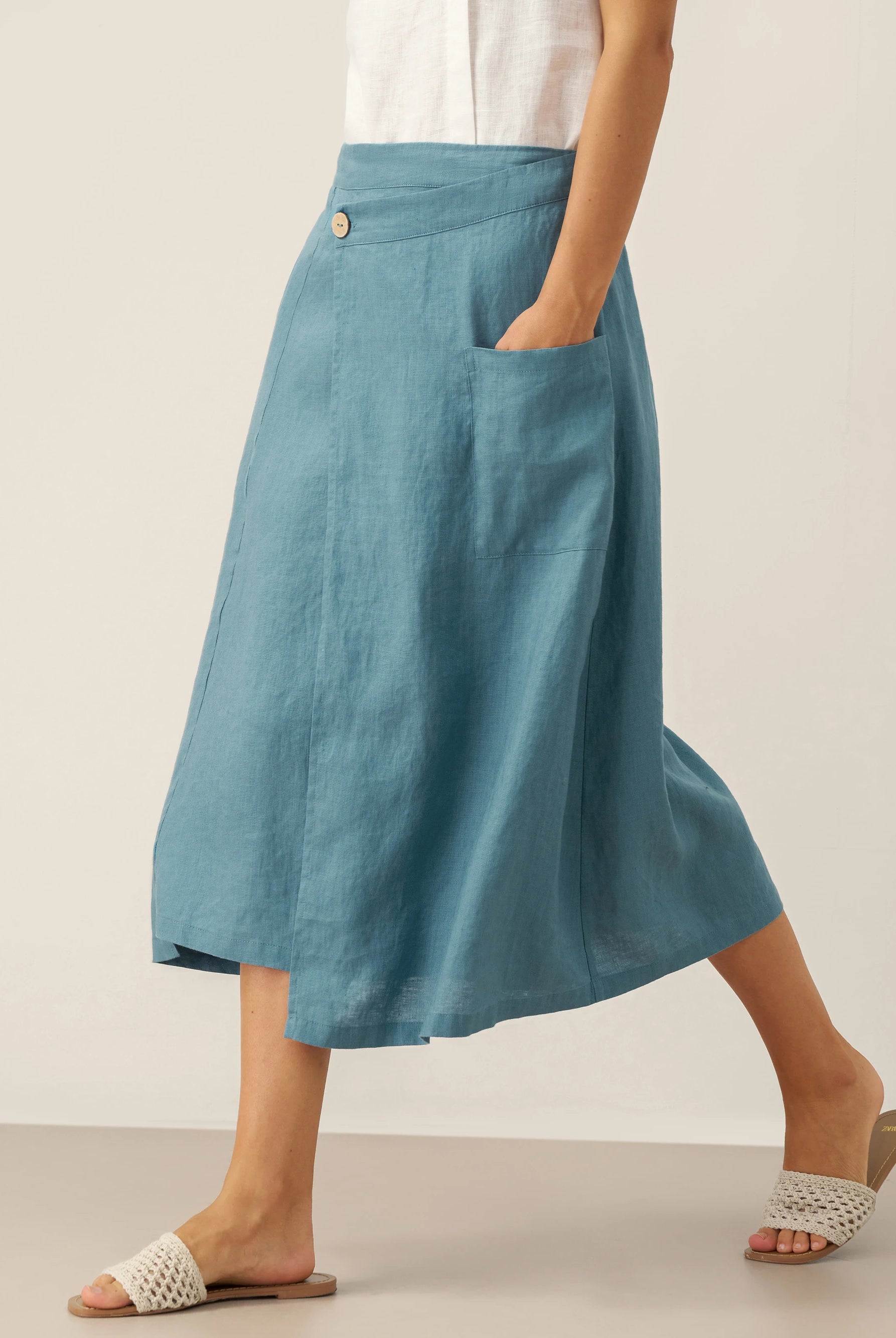 100% Linen Elastic Waist Angled Wrap Skirt FRESSA by LINTICO for women