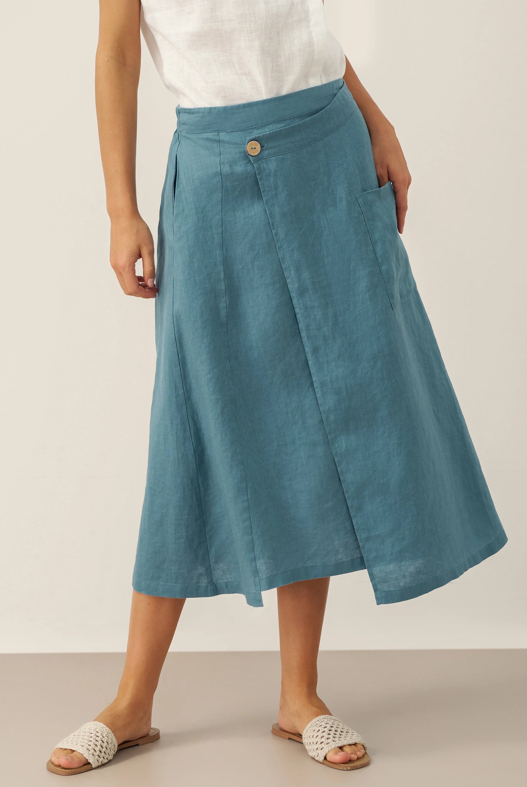 100% Linen Elastic Waist Angled Wrap Skirt FRESSA by LINTICO for women