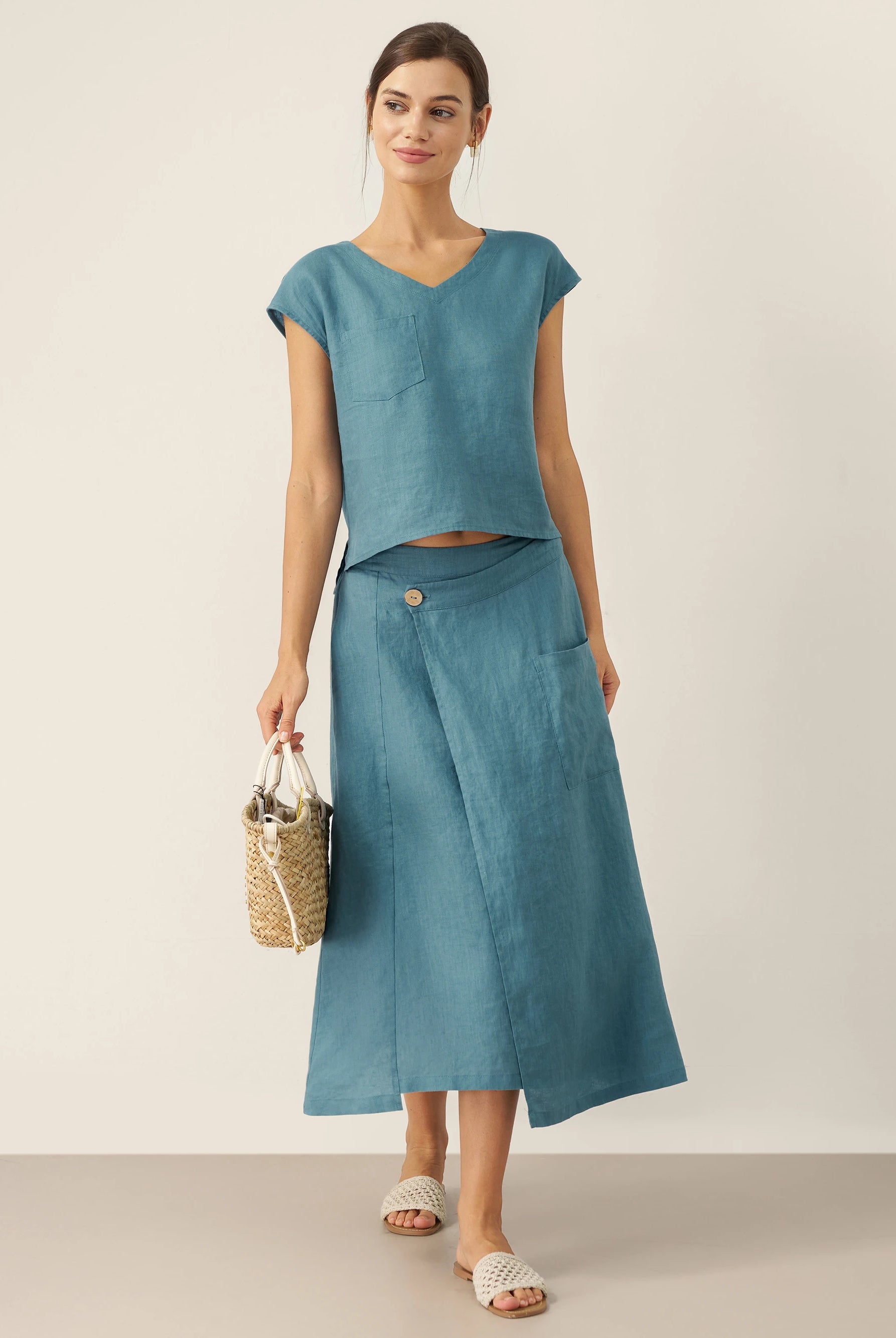 100% Linen Elastic Waist Angled Wrap Skirt FRESSA by LINTICO for women