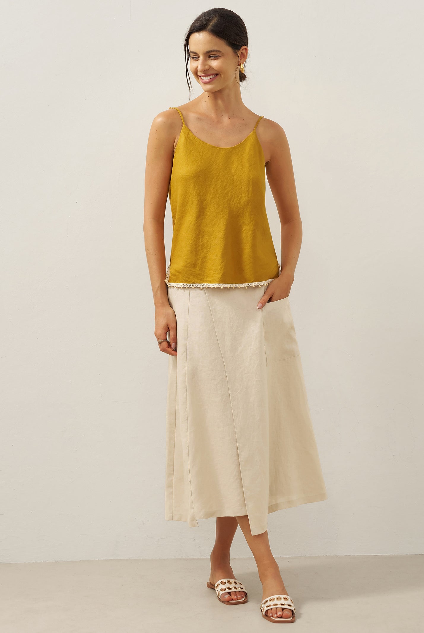 100% Linen Elastic Waist Angled Wrap Skirt FRESSA by LINTICO for women